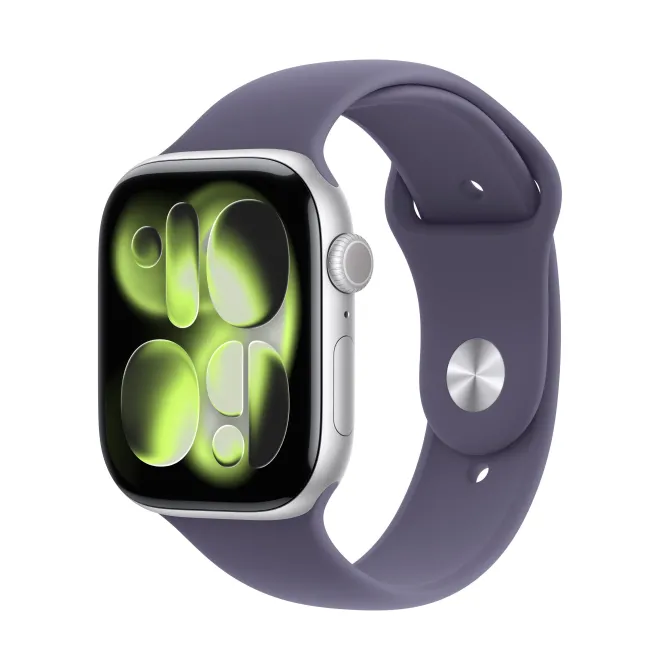 Apple Watch Series 11 GPS + Cellular, Cassa 46 mm in alluminio color argento con Cinturino Sport viola nebbia - M/L