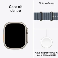Apple Watch Ultra 3 GPS + Cellular, Cassa in titanio naturale (49 mm) con Cinturino Ocean blu salmastro