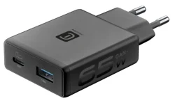 Caricabatterie Cellularline Dual 65W GaN+ Power Lite, Ricarica Rapida USB-C e USB-A