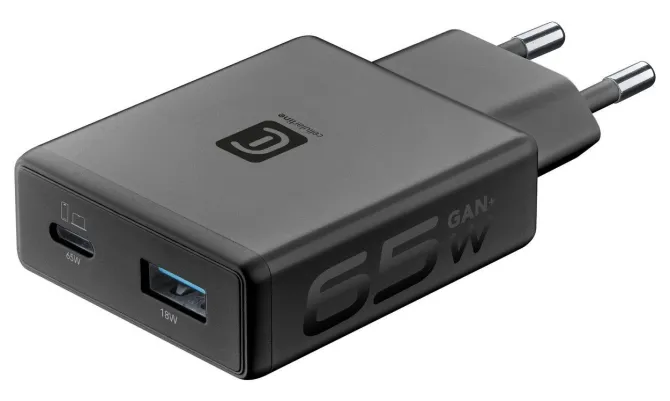 Caricabatterie Cellularline Dual 65W GaN+ Power Lite, Ricarica Rapida USB-C e USB-A