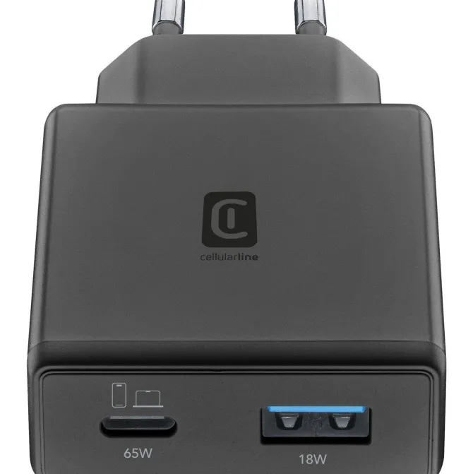 Caricabatterie Cellularline Dual 65W GaN+ Power Lite, Ricarica Rapida USB-C e USB-A