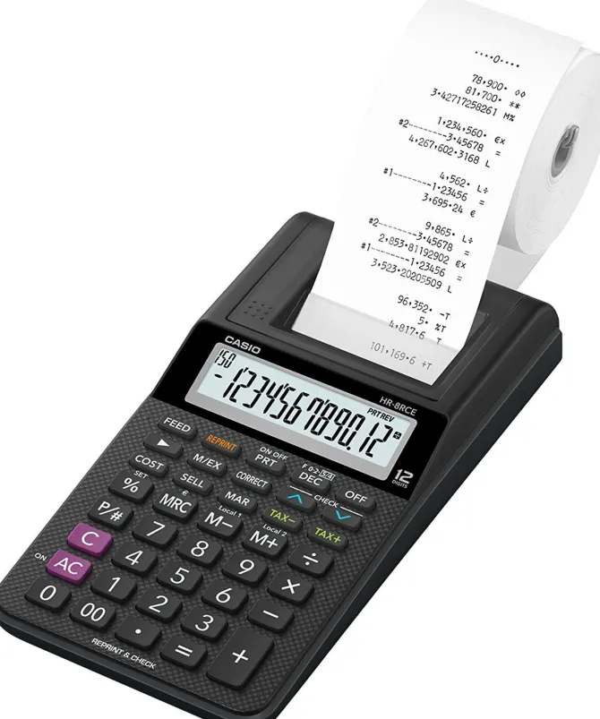 Casio HR-8RCE-BK-Bundle Calcolatrice Scrivente + Alimentatore Di Rete