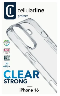 CELLULARLINE - Cover CLEAR STRONG per iPhone 16, bordi in gomma, protezione da urti e graffi - Trasparente