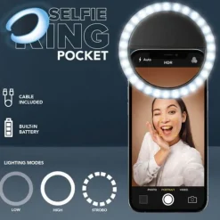 CELLULARLINE - SELFIE RING POCKETK - Anello led per riprese video e selfie - Nero