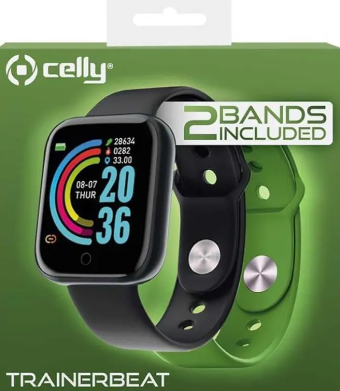 CELLY - TRAINERBEATGN - FIT TRACKER CON DOPPIO CINTURINO, Display LCD Transflettivo 1,44", memoria 15GB, Bluetooth 5.0 - Nero