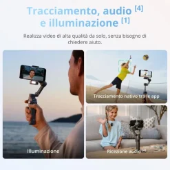 DJI Osmo Mobile 8 stabilizzatore per smartphone, tracciamento nativo con audio e illuminazione, rotazione panoramica a 360°, batteria da 10 h, manico telescopico, solida stabilizzazione a 3 assi