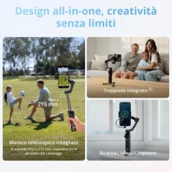 DJI Osmo Mobile 8 stabilizzatore per smartphone, tracciamento nativo con audio e illuminazione, rotazione panoramica a 360°, batteria da 10 h, manico telescopico, solida stabilizzazione a 3 assi
