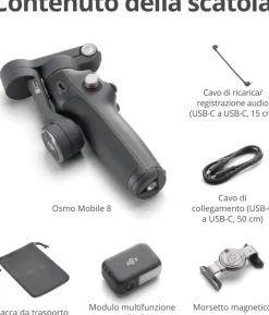 DJI Osmo Mobile 8 stabilizzatore per smartphone, tracciamento nativo con audio e illuminazione, rotazione panoramica a 360°, batteria da 10 h, manico telescopico, solida stabilizzazione a 3 assi