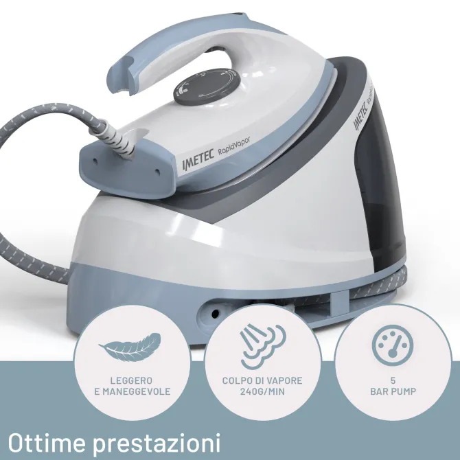 Imetec Rapidvapor Ferro da Stiro Generatore di Vapore, Piastra Fluid Ceramic a Rapido Riscaldamento, Leggero, Sistema di Pulizia Calc Clean