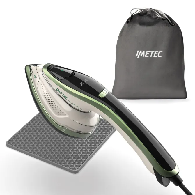 Imetec Steam Easy, ferro da stiro portatile verticale, stira in verticale e orizzontale, piastra ceramica, tripla regolazione di vapore e temperatura, display digitale, pronto in 30, 1200 Watt