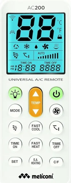 Meliconi AC 200 Telecomando Universale per Condizionatori/Climatizzatori, con Schermo Retroilluminato e Funzione Torcia, Bianco