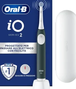 Oral-B iO 2 Spazzolino Elettrico Oral B, Verde, 1 Testina Di Ricambio, 1 Spazzolino, Custodia Da Viaggio, Delicato sulle Gengive, Efficace sulla placca, Sensore di Pressione