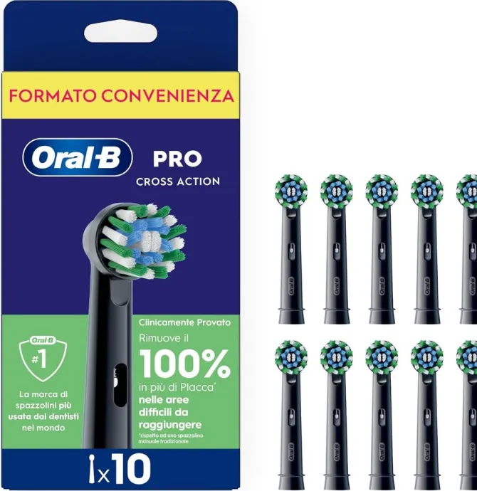 Oral-B Testine di Ricambio Pro, Cross Action, Nere, 10 Ricambi - 10 Testine di Ricambio per Spazzolino Elettrico, Autentiche, Setole Angolate che si Adattano a ogni Dente per una Pulizia Profonda