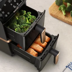 Philips Serie 4000 Airfryer doppio cestello Verticale, Friggitrice ad aria da 10L, 13 metodi di cottura, Rivestimento ceramica PFAS Free, Pulizia in lavastoviglie, App ricette, NA462/70