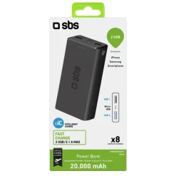 Power Bank SBS 20.000 mAh Extra Slim con Ricarica Rapida USB e USB-C