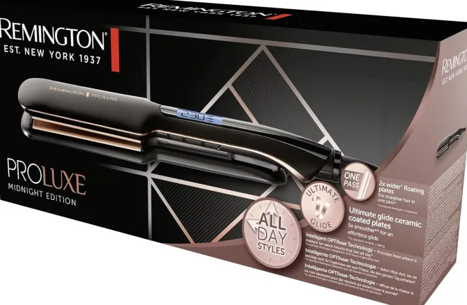 Remington Piastra Capelli Proluxe Midnight Wide Plate, Piastre in ceramica Ultimate Glide, 9 impostazioni di Temp. 150-230°C,Tecnologia intelligente OPTIheat, S9150B