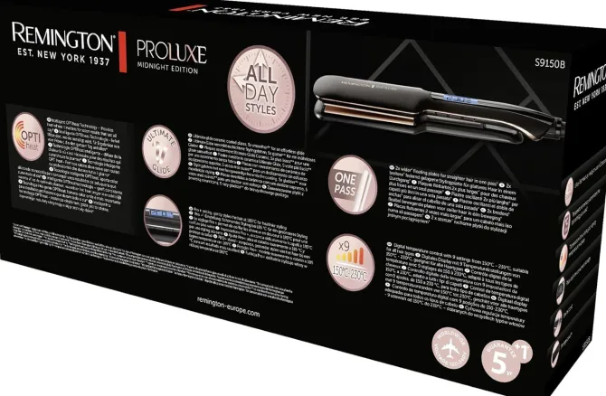 Remington Piastra Capelli Proluxe Midnight Wide Plate, Piastre in ceramica Ultimate Glide, 9 impostazioni di Temp. 150-230°C,Tecnologia intelligente OPTIheat, S9150B