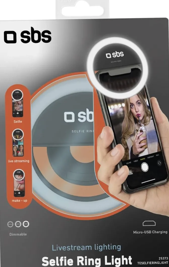 SBS - Anello Led Universale per Smartphone, Luce Flash con Regolazione d'Intensità, per TikTok, YouTube, Instagram, Selfie, Video e Dirette Streaming, Cavo di Ricarica USB Incluso