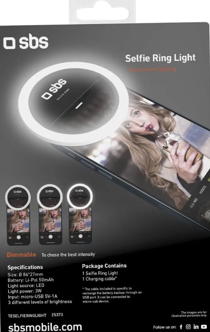 SBS - Anello Led Universale per Smartphone, Luce Flash con Regolazione d'Intensità, per TikTok, YouTube, Instagram, Selfie, Video e Dirette Streaming, Cavo di Ricarica USB Incluso