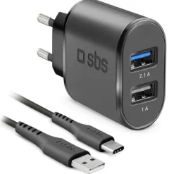 SBS caricabatterie da parete dotato di 2 porte USB con cavo Type-C