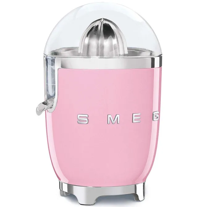 Smeg, Spremiagrumi Elettrico CJF11PKEU, Spremitura a Pressione Manuale, Beccuccio Antigoccia e Cono Universale, Base Antiscivolo, Avvolgicavo Integrato, 70W, Rosa