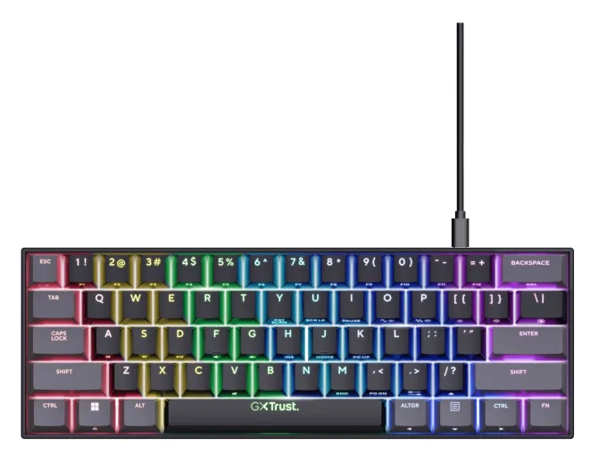 TRUST - GXT867 ACIRA 60% Tastiera da Gaming, tasti Fn multifunzionali, RGB, Connessione USB, 16,8 milioni di colori,