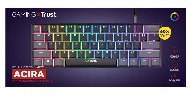 TRUST - GXT867 ACIRA 60% Tastiera da Gaming, tasti Fn multifunzionali, RGB, Connessione USB, 16,8 milioni di colori,