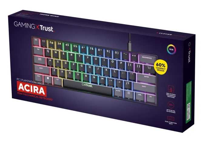 TRUST - GXT867 ACIRA 60% Tastiera da Gaming, tasti Fn multifunzionali, RGB, Connessione USB, 16,8 milioni di colori,