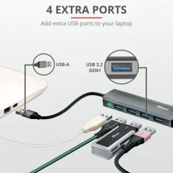 Trust Halyx Aluminium 4-Port USB 3.2 Hub USB-A 3.1 Gen 1 4x USB-A 3.2 Gen 1 Grigio