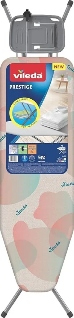 Vileda Prestige | Asse da stiro con poggiaferro con archetto reversibile | Copriasse da stiro in cotone| Griglia portabiancheria