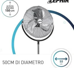 ZEPHIR - PF50CR Ventilatore piantana da terra, 120 Watt, 3 pale, 3 velocità, 150 cm, diametro 50 cm - Metallo